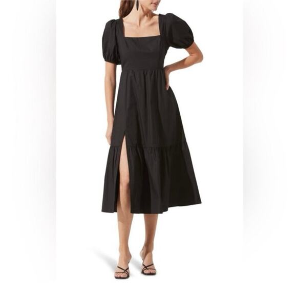 ASTR The Label Black Poplin Puff Sleeve Tiered Midi Dress Black - Picture 1 of 10